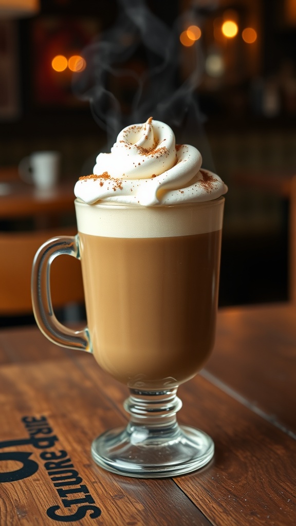 A glass of Irish coffee with whipped cream and cocoa powder garnish on a wooden table.